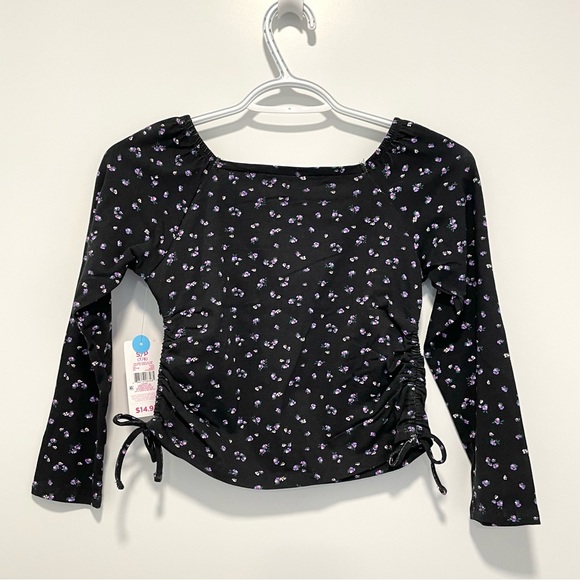 NEW Justice Girls Black Floral Side Cinch Long Sleeve Top (size S, L & XL) - Picture 2 of 5